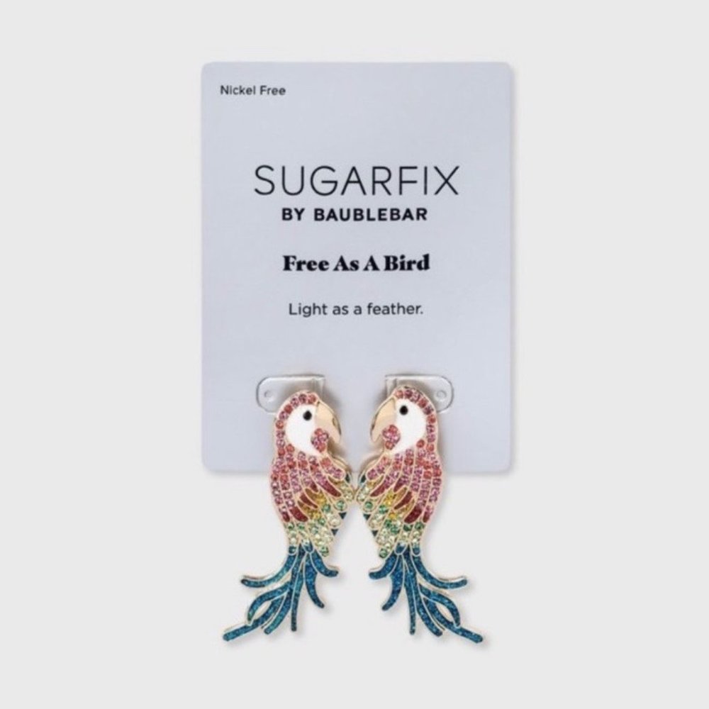 NWT SUGARFIX by BaubleBar Free As A Bird Earrings Crystals Tropical Parrot Macaw